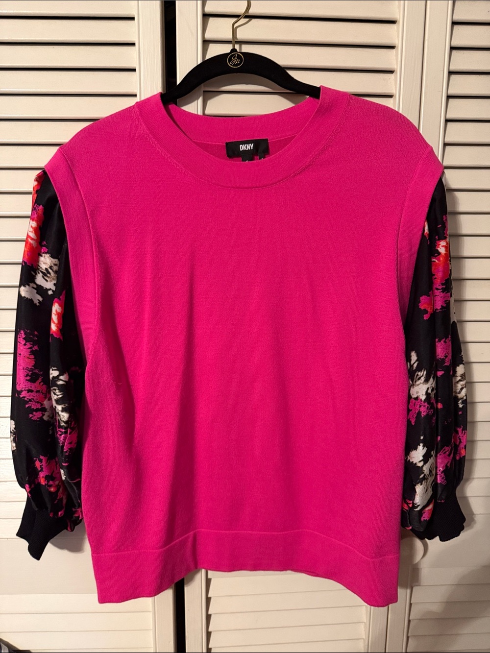DKNY Hot Pink Sweater with Black Floral Puff Sleeves